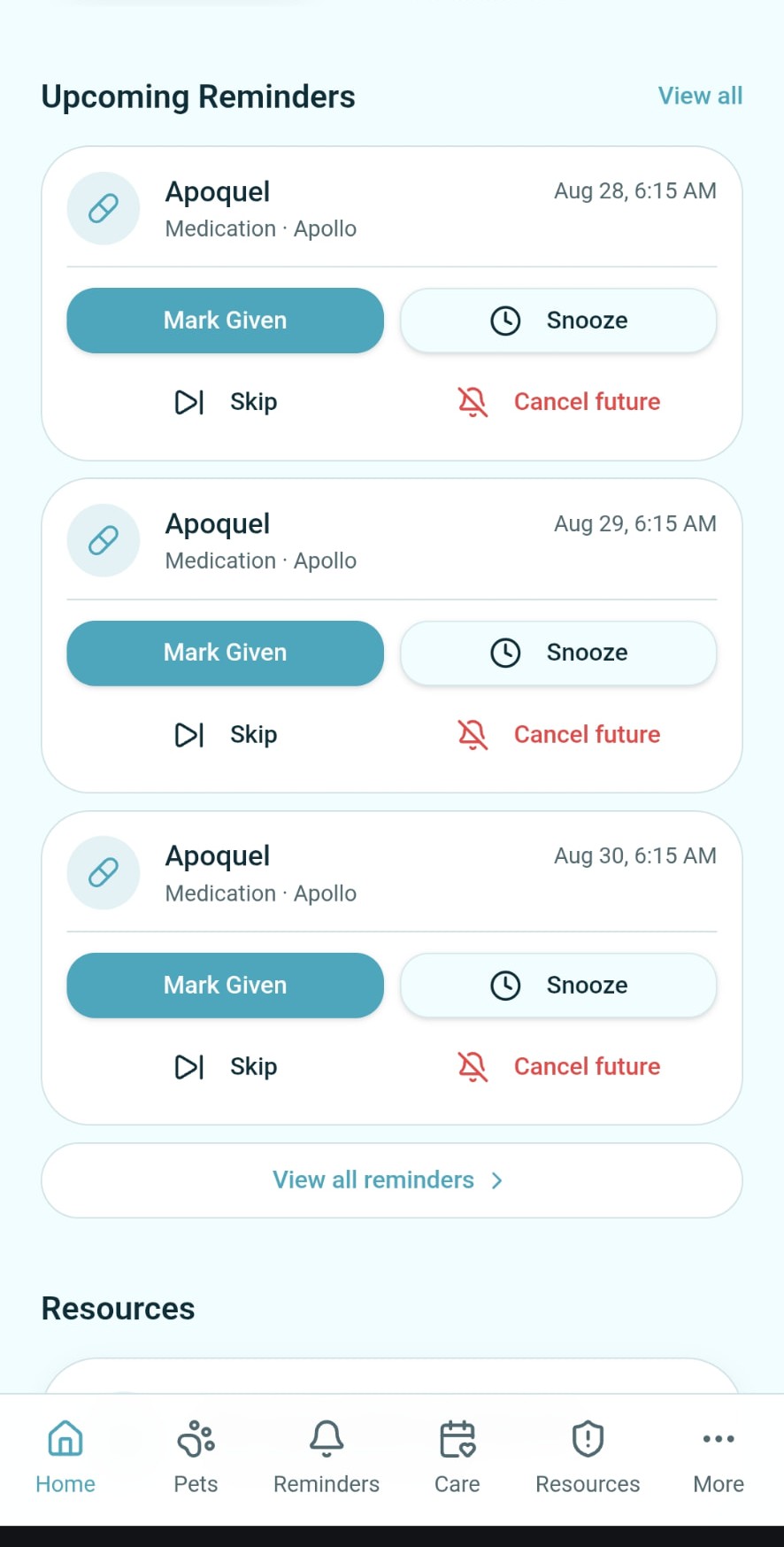 Upcoming reminders screen with Mark Given, Snooze and Skip actions