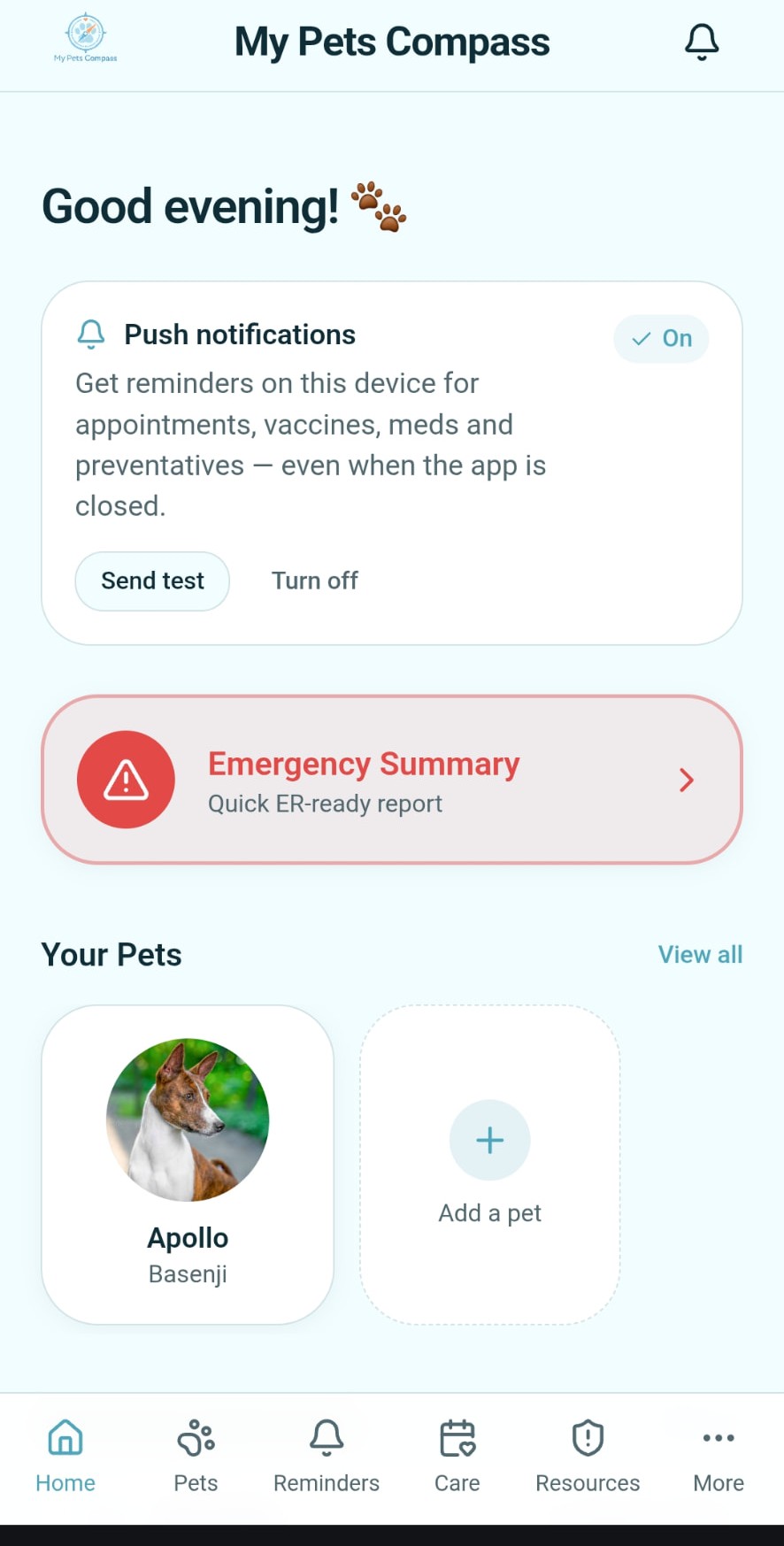 My Pets Compass home dashboard showing push notification settings, emergency summary and your pets